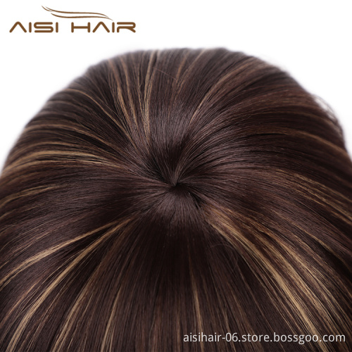 Aisi Hair Short Straight Bob Wigs Heat Resistant Synthetic Fiber Brown Blonde  Mixed Colors Short Bob Wigs with Neat Bangs